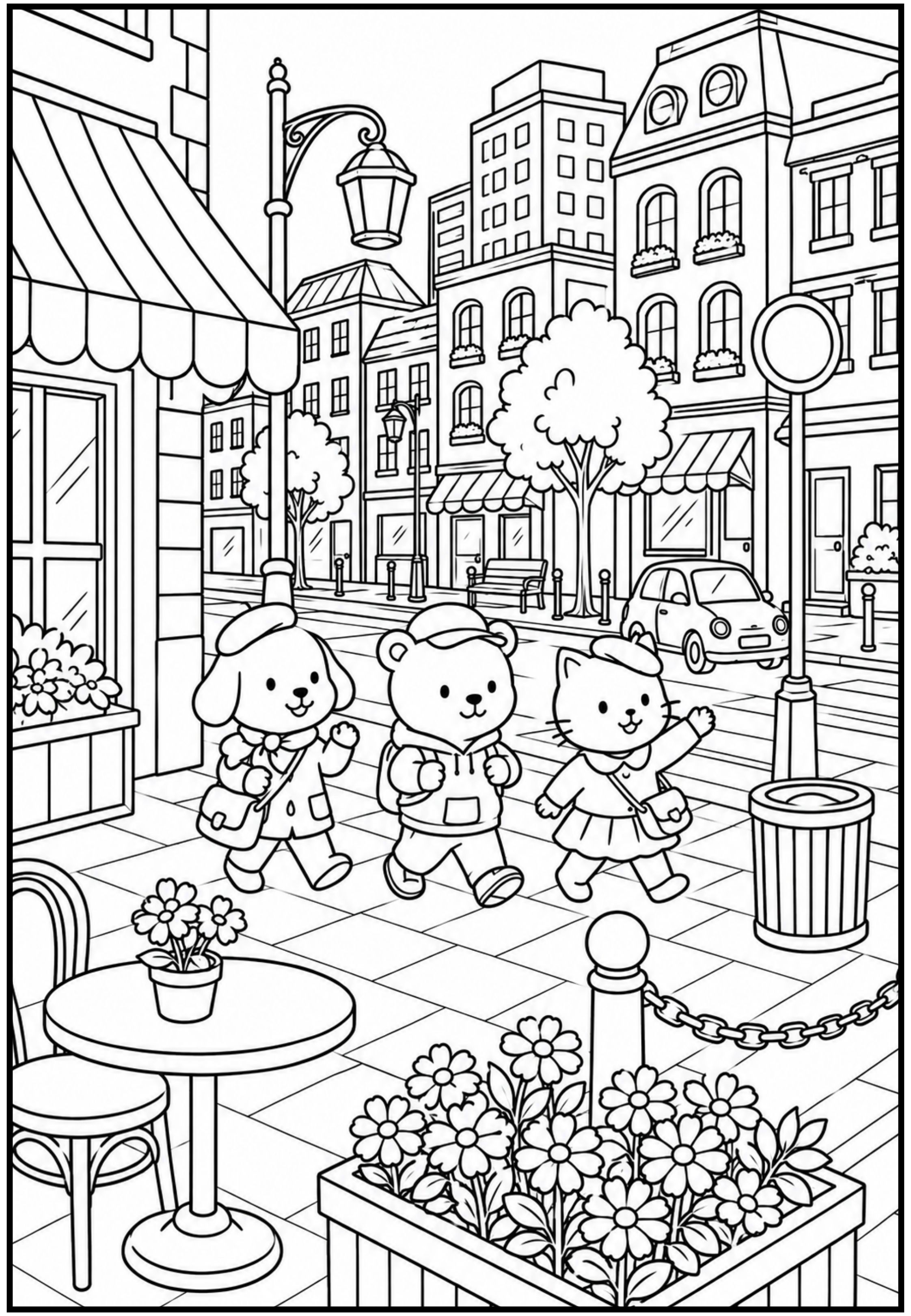 Desenho para colorir de bichinhos fofos voltando da escola, andando pela calçada de uma loja decorada com flores em uma cena urbana.