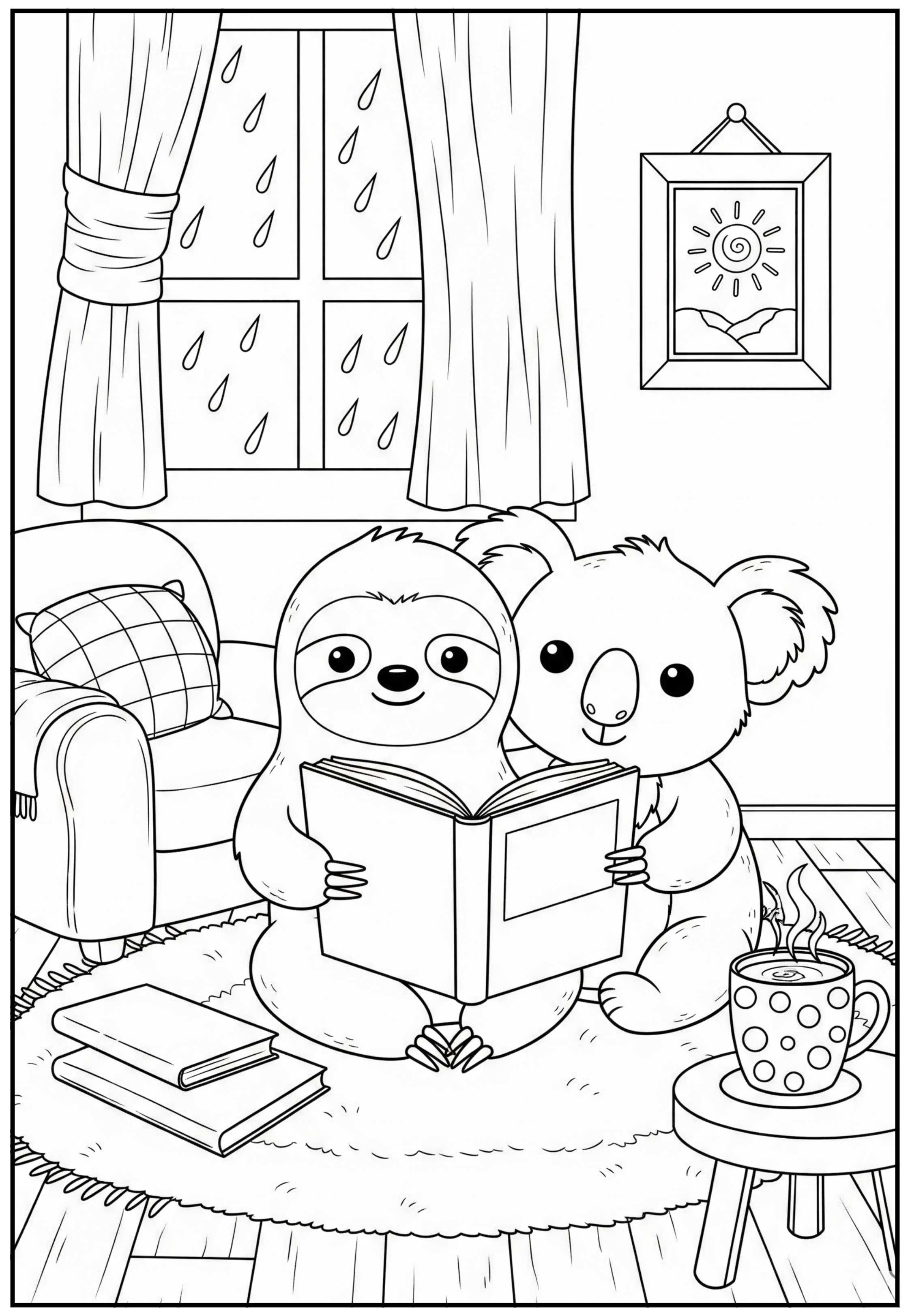 Desenho para colorir de um bicho-preguiça e um coala lendo um livro juntos, confortáveis dentro de casa enquanto chove lá fora.