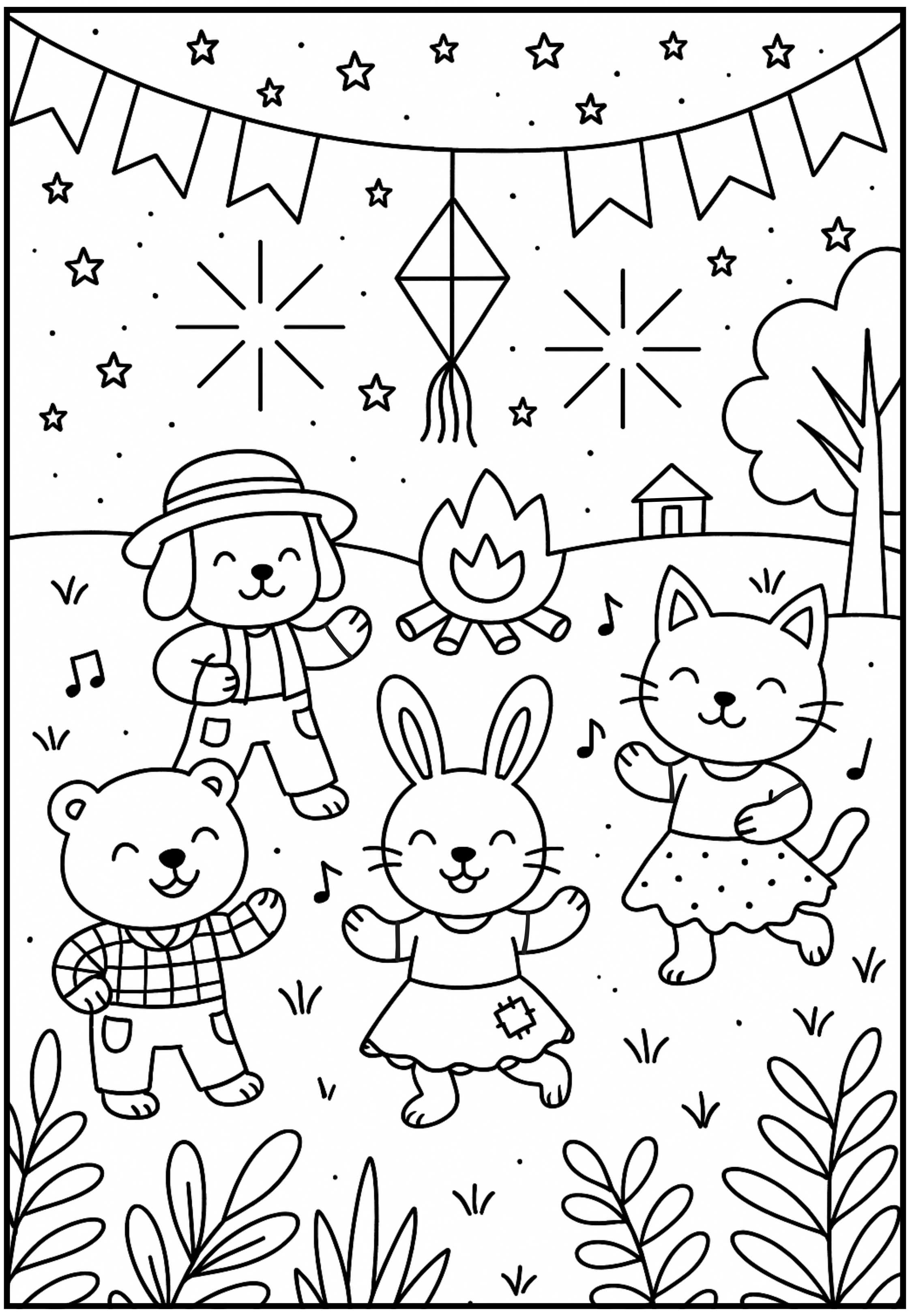 Desenho para colorir de uma Festa Junina com bichinhos fofos dançando quadrilha, com bandeirinhas e balão.