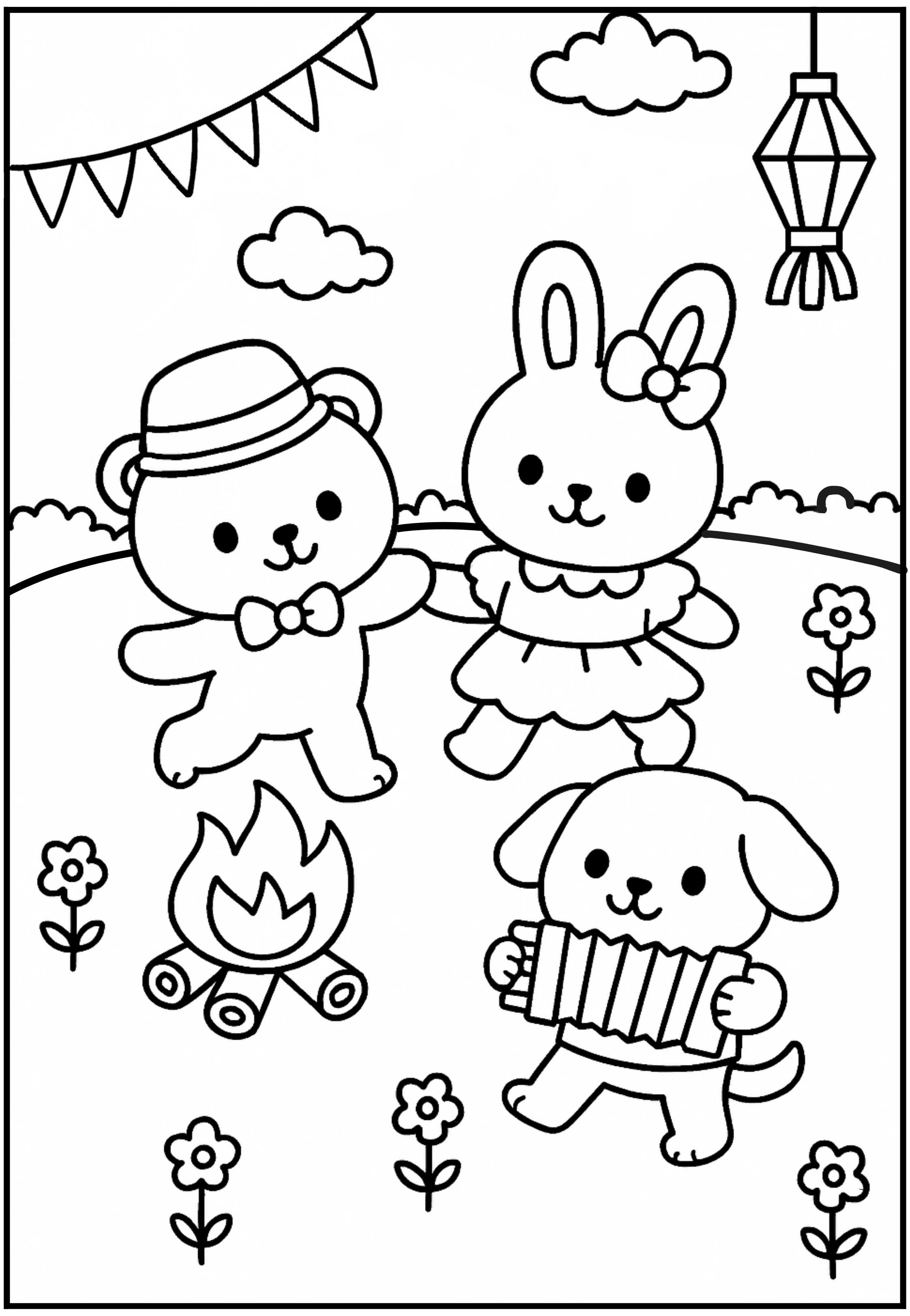 Desenho para colorir com tema de Festa Junina, com um coelho, um cachorro sanfoneiro e outro cachorro dançando ao redor de uma fogueira.