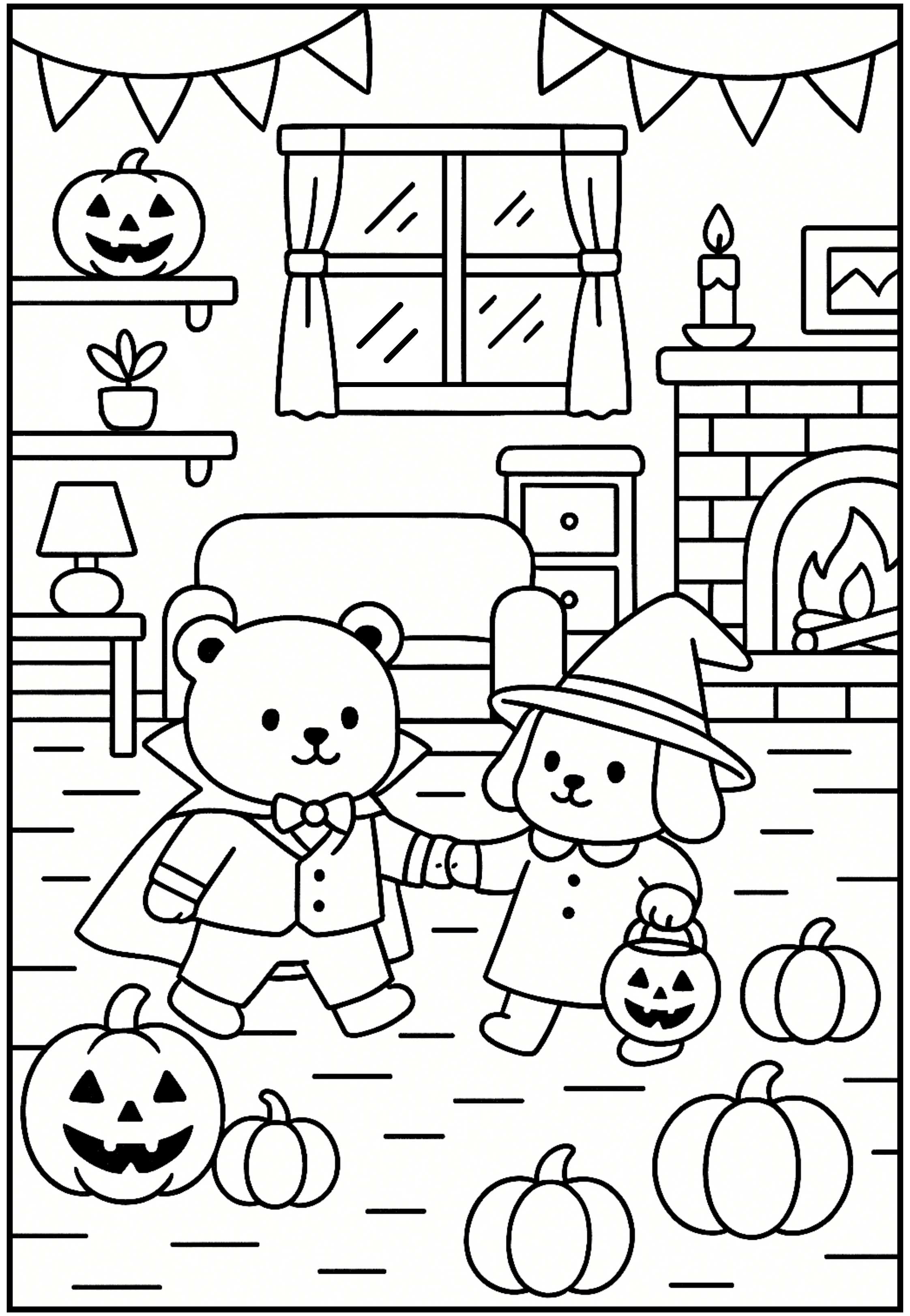 Desenho para colorir de uma festa de Halloween em casa com bichinhos fofos fantasiados ao lado de uma lareira e abóboras decoradas.