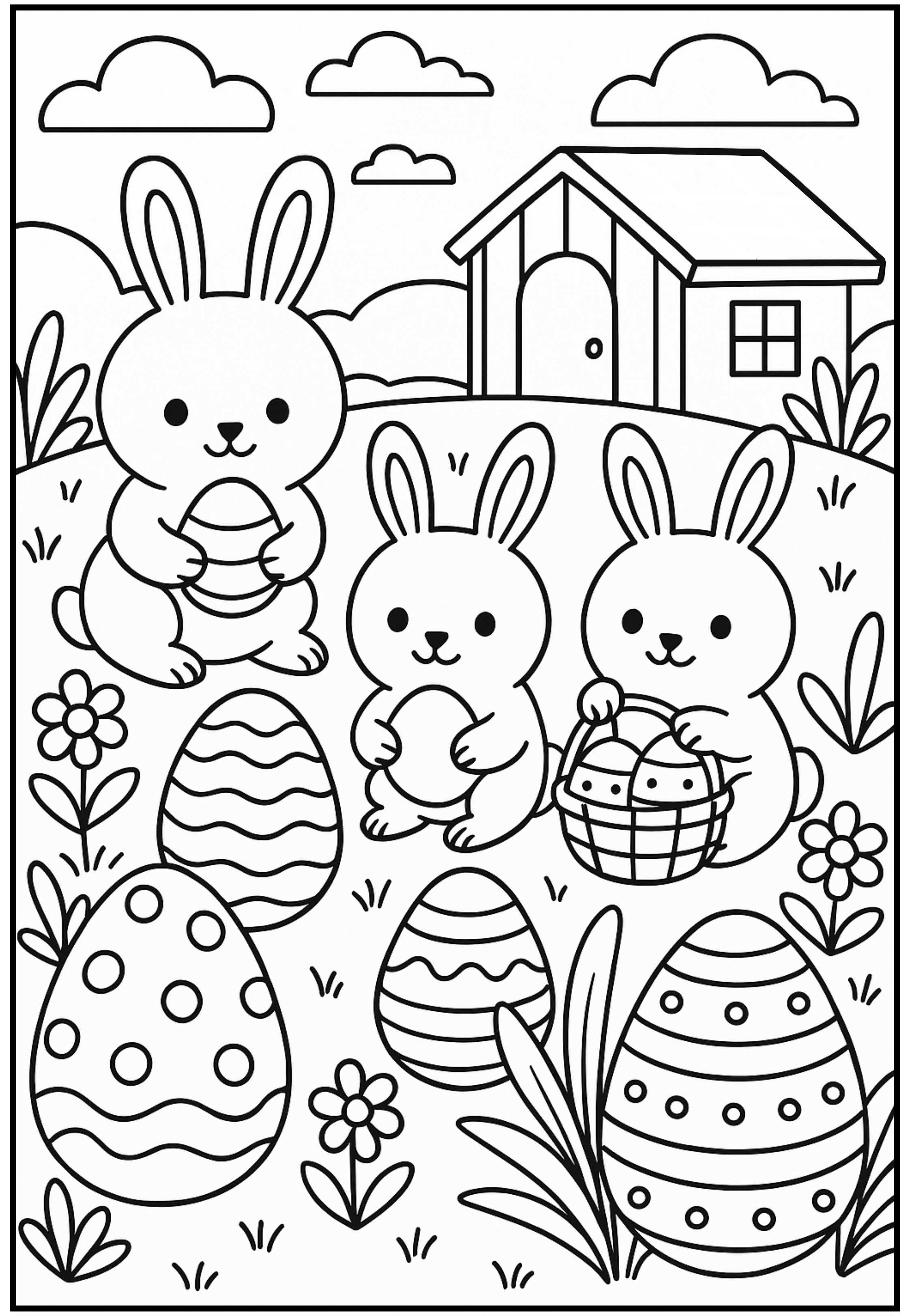 Desenho para colorir de Páscoa com três coelhos pintando e segurando ovos decorados em um jardim.