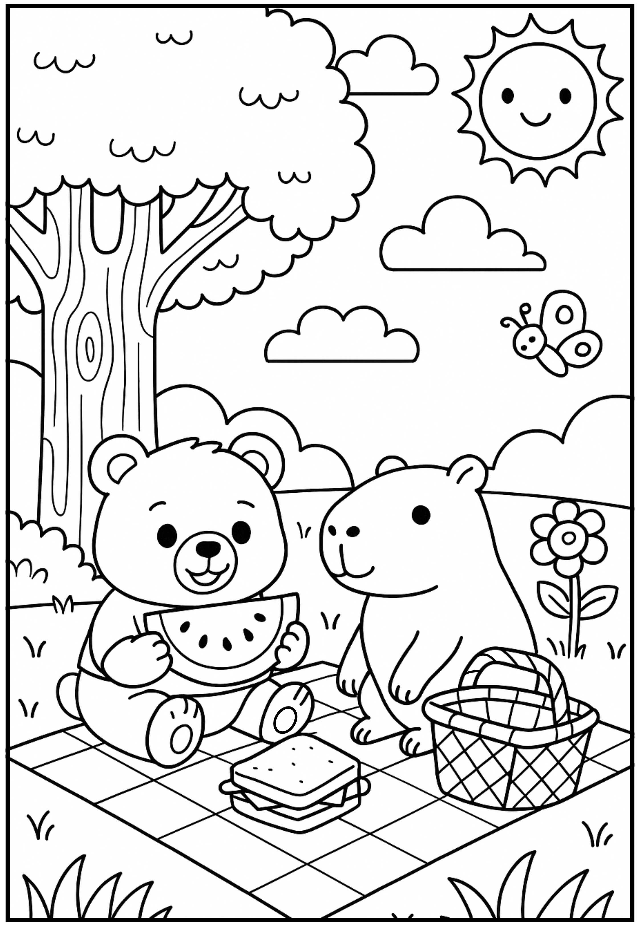 Desenho para colorir de um ursinho e uma capivara fazendo um piquenique em uma toalha xadrez na floresta, com uma cesta de comidas e um dia ensolarado.