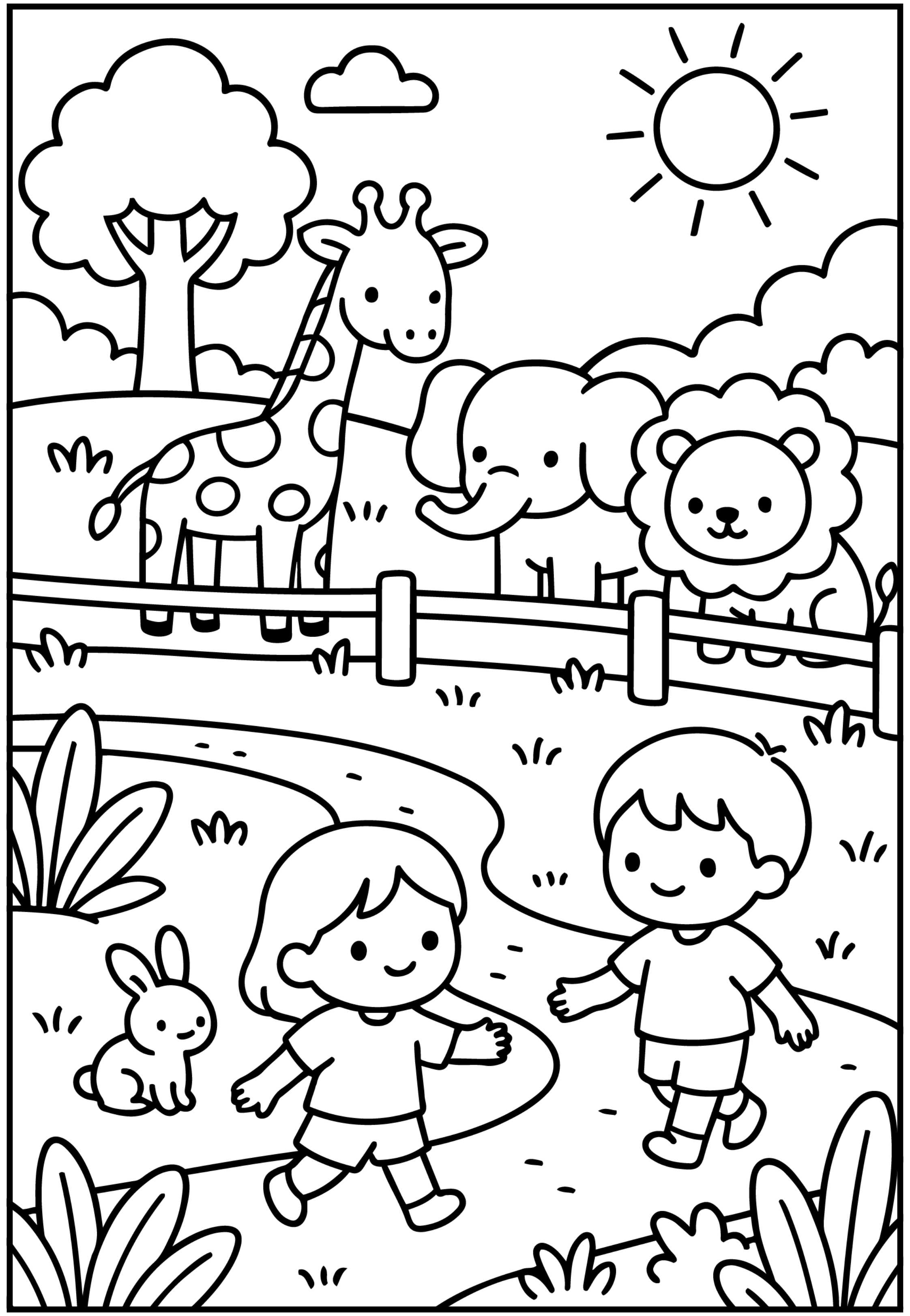 Desenho para colorir de um zoológico com girafa, elefante e leão, e duas crianças passeando em um dia ensolarado.