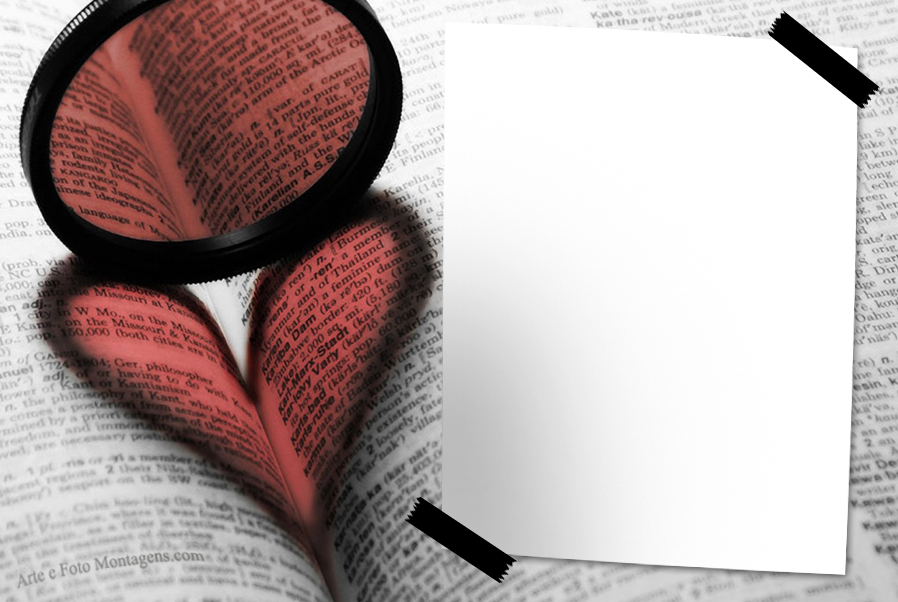 Coração, livro aberto, lupa vermelha.
