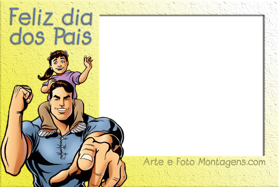 Menina no ombro do pai, frase 'feliz dia dos pais', moldura retangular, fundo amarelo.