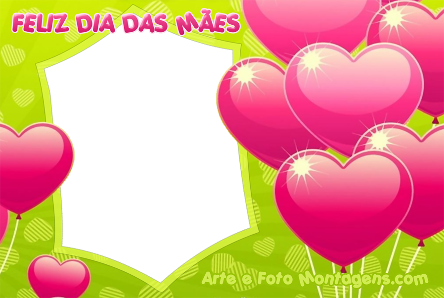 Balões formato coração rosa, frase 'feliz  dia das Mães', fundo verde.