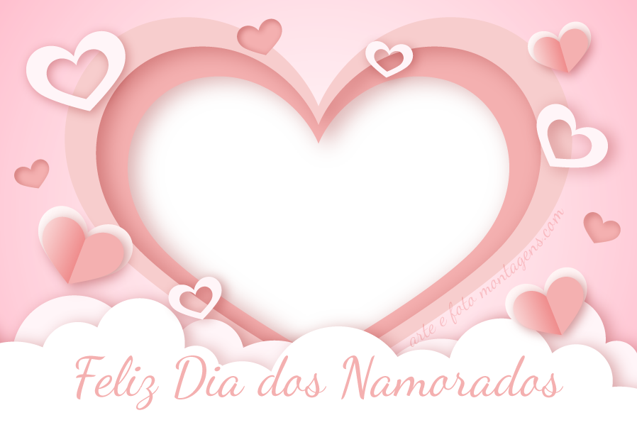 Dia dos Namorados estilo papel cortado rosa claro, coração central vazado, corações menores, nuvens e o texto 'Feliz Dia dos Namorados'.