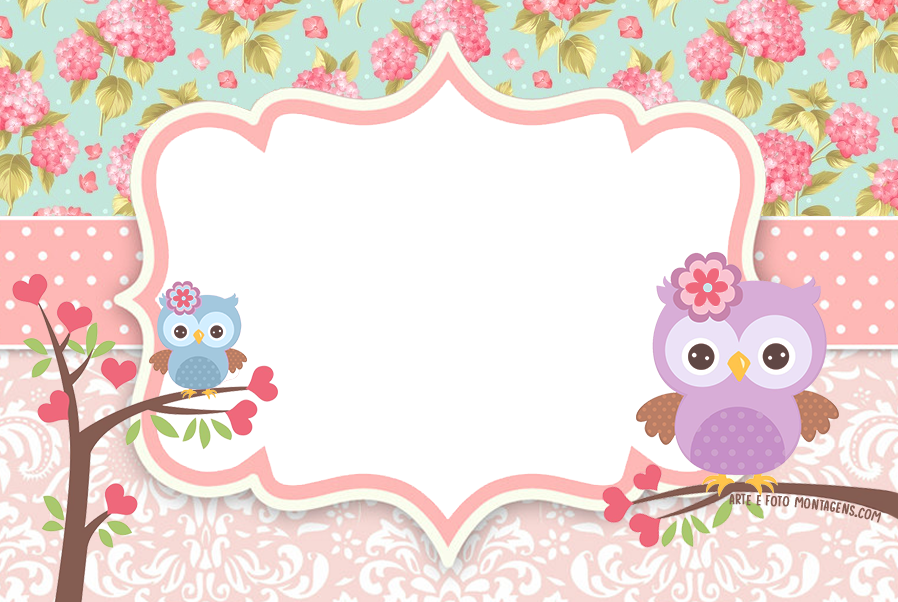 Duas corujinhas (rosa e azul), moldura rosa borda recortada, fundo rosa estampado.