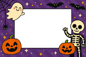 Moldura digital gratuita infantil, fundo roxo, com fantasminha, aboboras, esqueleto, aranha e morceguinhos.