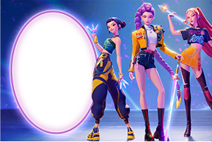 Guerreiras do K-Pop Rui, Mira e Zoey, com moldura oval brilhante e fundo azul escuro.