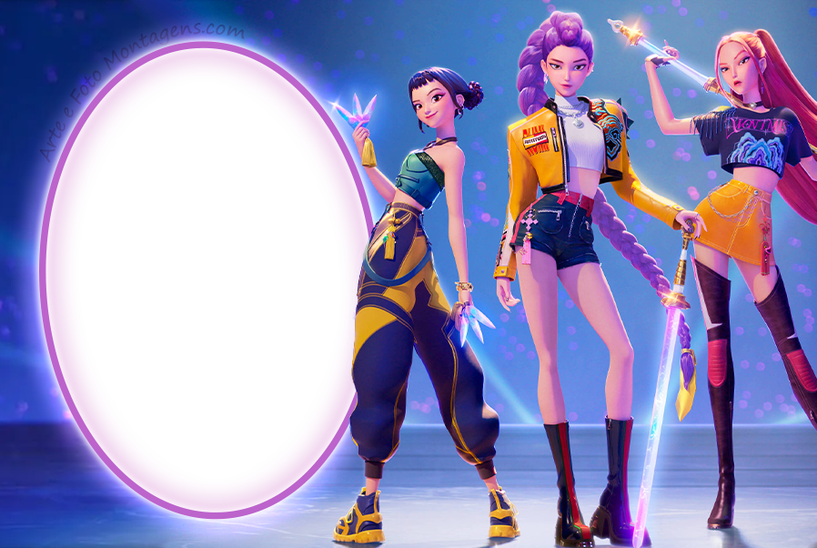 Guerreiras do K-Pop Rui, Mira e Zoey, com moldura oval brilhante e fundo azul escuro.