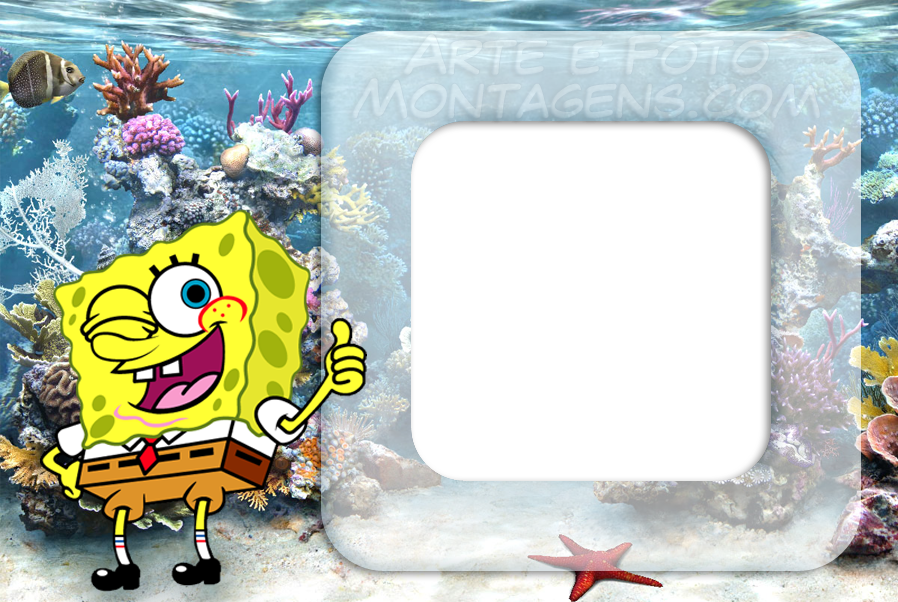 Bob Esponja fazendo joinha e piscando, moldura quadrada transparente, fundo aquário realista corais.