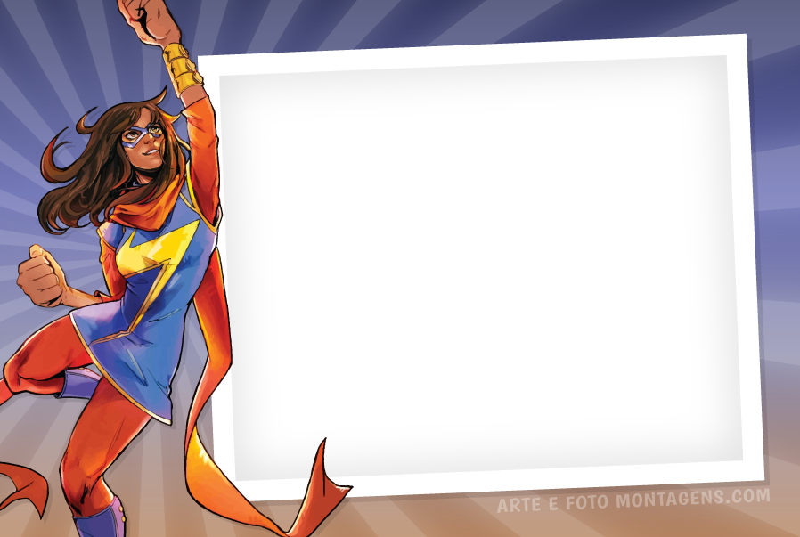 Ms. Marvel voando com punho cerrado, energia, moldura retangular borda branca, fundo azul com raios.